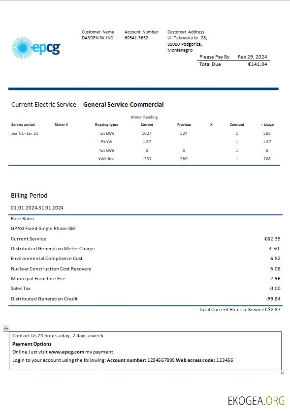Modèle de facture de services publics d'électricité du Monténégro Elektroprivreda Crne Gore (EPCG) aux formats Word et PDF